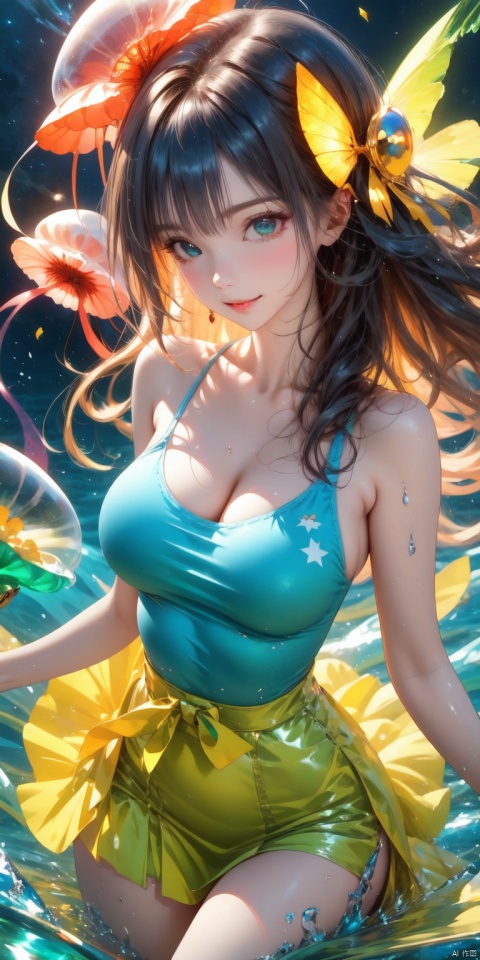  best quality, masterpiece, cowboy_shot,(Good structure), DSLR Quality,Depth of field,kind smile,looking_at_viewer,Dynamic pose, Colorful Girl, 1Girl,Colorful jellyfish, colorful jellyfish floating in the air,Close shot, large jellyfish on head, front, upper body, above thighs, blue tank top dress, complex fluid shaped colored short skirt at waist, off shoulder, colorful print, looking at the camera, colored gradient hair, dark gradient background, depth of field, glow