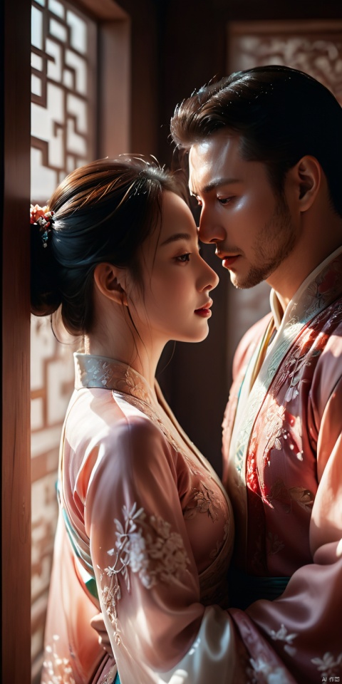 Dynamic, super detail, Sergey's shadow, 8k detail post-processing, magnificent, super realism, 8k, epic composition, (complex details), Unreal Engine, (couple), two people, (lace shirt), (silk Hanfu), (embrace), (kiss), wall hug, blushing, shy