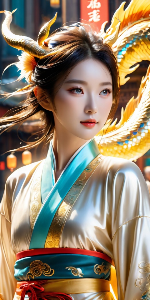  HD, CG, extreme details, fairy style, fisheye lens, exquisite facial features, clear pupils,professional camera, 8k photos, wallpaper, full body,Handsome Chinese dragon, white and gold basedancient Chinese robe, fluffy fur, cute features,A halo floating on the head,,Beautiful mechanical wings,The bustling urban background, front,cinematic lighting, ray tracing, Extreme viewing angle, fisheye lens,UHD, anatomicallycorrect,ccurate, super detail, high details, best quality, 16k, 8k, xihua