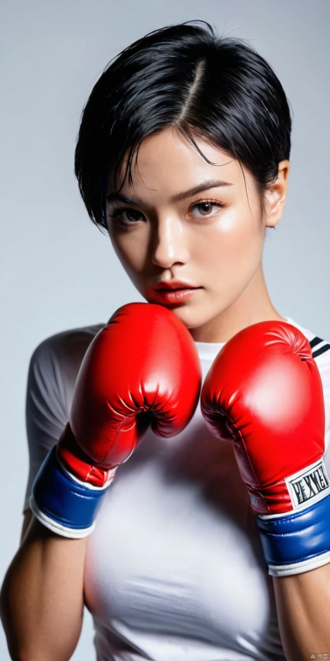 A dashing beauty with short hair, Boxer, boxing gloves, sweat, boxing🥊