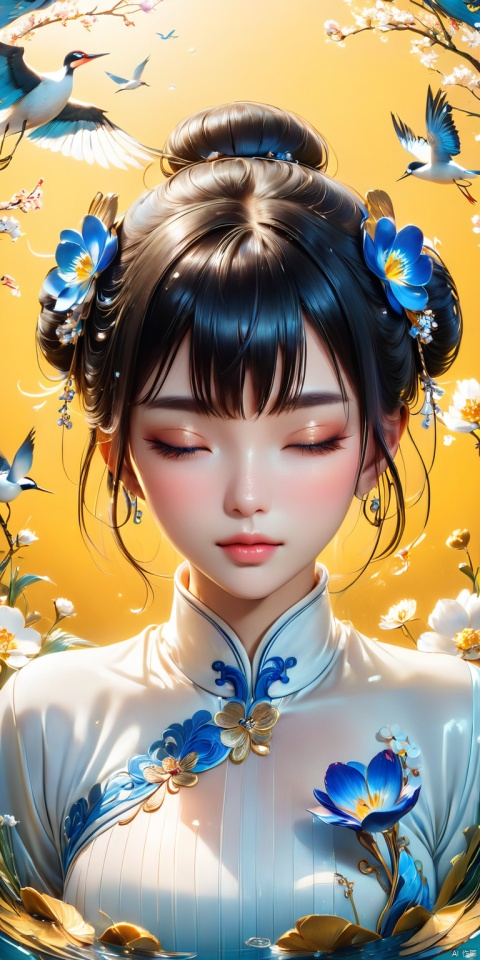  HD, CG, extreme details, fairy style, fisheye lens, exquisite facial features, clear pupils, moist lips, ((4k,masterpiece,best quality)), professional camera, 8k photos, wallpaper Masterpiece, best quality, extremely fine CG unified 8k wallpaper, very fine, texture, fine details, extremely fine and beautiful, delicate and beautiful face,  new chinese style,1girl,solo,closed eyes,black hair,hair bun,flower,bird,hair ornament,standing,blush,long sleeves,yellow background,crane (animal),double bun,blue flower,bangs,white flower, symmetrical composition, ((super detailed details)), ultra- high resolution, 8k, fisheye lens, beautiful, xihua