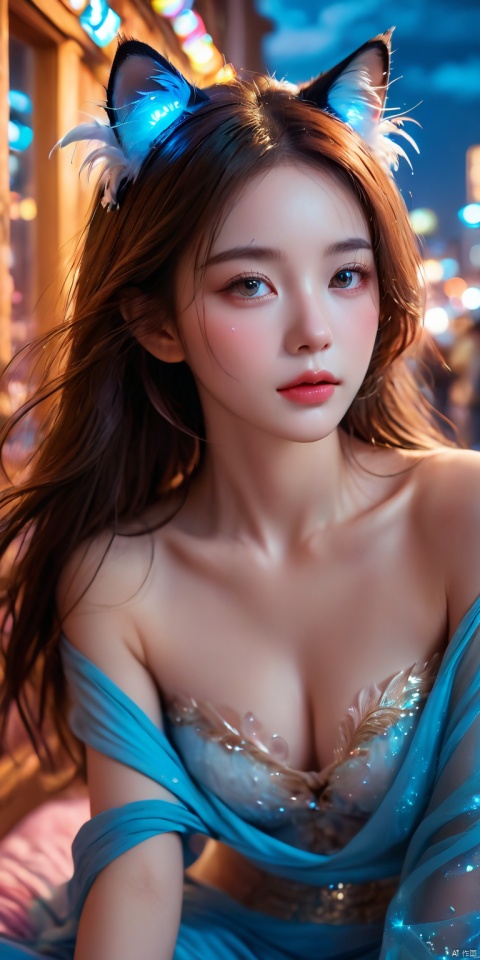  HD, CG, extreme details, fairy style, fisheye lens, exquisite facial features, clear pupils, moist lips, ((4k,masterpiece,best quality)), professional camera, 8k photos, wallpaper Masterpiece, best quality, extremely fine CG unified 8k wallpaper, very fine, texture, fine details, extremely fine and beautiful, delicate and beautiful face, 1 girl, cat ears, a girl with beautiful eyes and cat ears,  pale skin, perfect figure, (bare chest: 1.3), (huge chest: 1.2), pajamas, sitting posture, bedroom, bed, staring at the audience, long hair, surrounded by many feathers, with tears streaming down her face , night, bright colorful lights and many clouds, sky, city, ((super detailed details)), ultra- high resolution, 8k, fisheye lens, beautiful, xihua