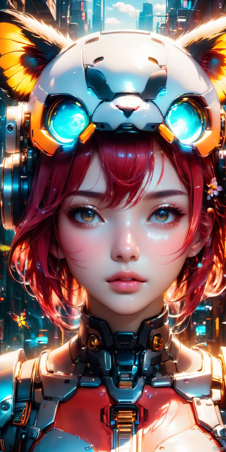  HD, CG, extreme details, fairy style, fisheye lens, exquisite facial features, clear pupils, moist lips, ((4k,masterpiece,best quality)), professional camera, 8k photos, wallpaper,  (((Cute girl's face, mechanical body))), cyberpunk mecha, (panda helmet), bright eyes, space background, detailed characterization, master level, mecha reflection, advanced rendering, sharp, The mecha is integrated with the body, clear bones, blood flow, exquisite facial features, colorful transparent infusion hose, ((Masterpiece)), illustration, best quality, very detailed CG unified 8k wallpaper, a very delicate and beautiful, game_cg, ((upper body)), cinematic lighting, hyper-realistic, (realistic style), solo, ultra-detailed, (telephoto lens), xihua