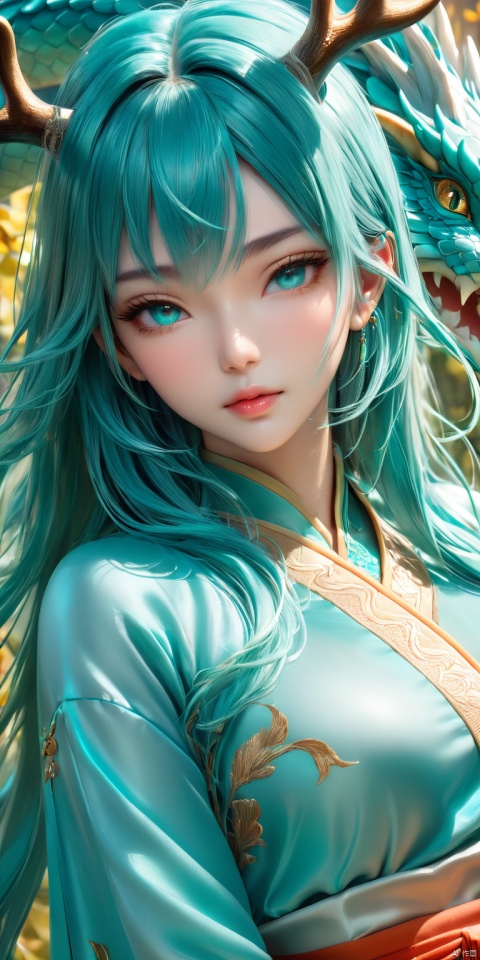 HD, CG, extreme details, fairy style, fisheye lens, exquisite facial features, clear pupils, moist lips, ((4k,masterpiece,best quality)), professional camera, 8k photos, wallpaper, 8K resolution, best quality (Masterpiece), best quality, stunning woman, youthful and beautiful beauty, (bishoujo), masterpiece, best quality, official art, extremely detailed CG, 8k wallpaper, game_CG, highest quality, ((Beauty) ), ((beautiful facial features)), (long turquoise hair), small and exquisite (((antlers))), exquisite and beautiful face, beautiful eyes, ((turquoise pupils)), ( (Sharp eyes)), delicate and small nose, ((charming light-colored lips with gloss)), good figure, ((heroic appearance)), ((turquoise silk embroidered tight-fitting Hanfu)), ((embroidered training clothes)), (turquoise silk embroidered Han pants), (dragon wrapped around)), (slender dragon tail)), (turquoise embroidered dragon cloak)), (majestic background) , 8K resolution, (masterpiece), best quality