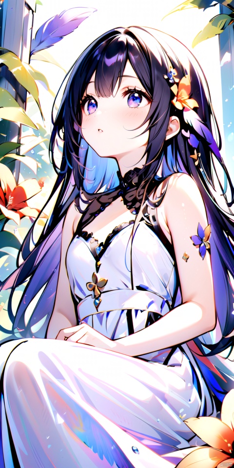 anan,1girl,solo,long hair,black hair,feathers,sitting,dress,looking up,parted lips,flower,jewelry,