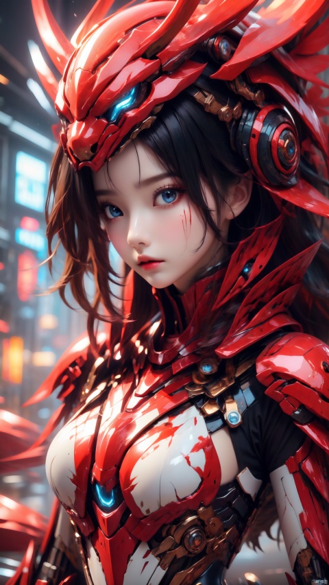 1girl, solo, long hair, looking at viewer, blue eyes, black hair, closed mouth, upper body, armor, lips, grey eyes, blood, helmet, science fiction, blood on face, mecha musume, power armor