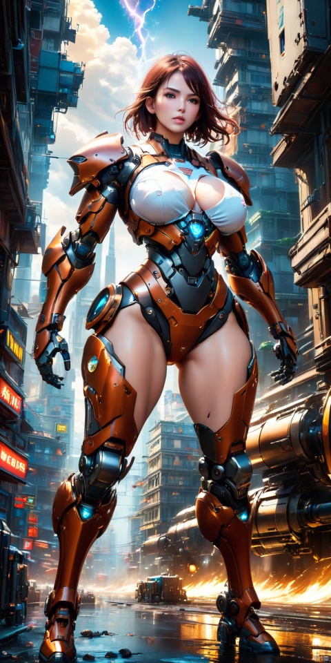  HD, CG, extreme details, fairy style, Profanity, masterpiece, absurdity, realism, color difference, science fiction, mechanized transformation, extremely detailed CG, impossible clothes, 1girl, mature women, fighting posture, mechanical joints, super machine, big breasts, narrow waist, wide hips, thick thighs, Long legs, mechanical armor, glass armor, black and white bronze clothes, torn clothes, damaged, glowing clothes, detailed machines, detailed structures, mechanical masks, mechanical neck guards, mechanical shoulder pads, mechanical arm guards, mechanical wrist guards, armored boots , panel, mechanical sphere, lightning ball, searchlight, hand weapon, harsh sky, harsh atmosphere, cannon, neon blade, cityscape, damaged building, monster, mysterious creature, wide angle, super detailed Details, ultra- high resolution, 8k, fisheye lens, beautiful, xihua
