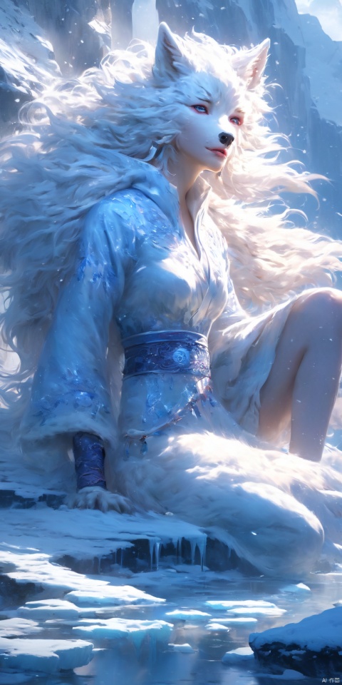  (A cold woman in an ice shooter costume sits on the edge of an ice cliff,Archer with ice bow:1.2),(Red hair: 1.5),(Blue fluffy hood,blue colored eyes,White hair,Delicate and beautiful face:1.3),Fine and perfect anatomy,dynamicposes,snowy day,Fantasyart,There is a white wolf next to him,Background of glaciers,Beneath your feet are ice cliffs,blanche_Blue gradient rendering,Highest image quality,Highest high resolution,high detal,Object shadows,Dynamic light sources,Cloudy days,Screen dim,tmasterpiece,offcial art,Whole body diagram,The white wolf lay beside the woman,Detail portrayal of hair,,moonriver,tianqingniu,flower,1 girl
