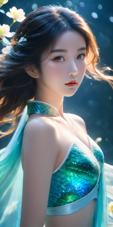  ((ultra-high precision)), super detail, depth of field, upper body, lens aperture, imperial female charming styling, masterpiece, extremely fine and beautiful, floating hair, beautiful and delicate eyes, viper, fluorescent forest, ((((perfect chest))), viscous liquid, perfect collarbone, (((perfect chest)), perfect body, hot, gorgeous silk Hanfu, full of light, Detailed makeup, ((human snake tail)), best quality, best quality, Dream, close-up,