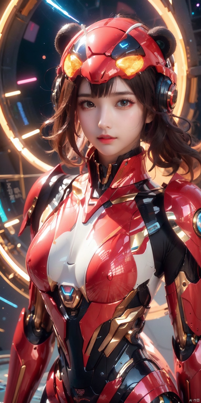 (((Cute girl's face, mechanical body))), cyberpunk mecha, (panda helmet), bright eyes, space background, detailed characterization, master level, mecha reflection, advanced rendering, sharp, The mecha is integrated with the body, clear bones, blood flow, exquisite facial features, colorful transparent infusion hose, ((Masterpiece)), illustration, best quality, very detailed CG unified 8k wallpaper, a very delicate and beautiful, game_cg, ((upper body)), cinematic lighting, hyper-realistic, (realistic style), solo, ultra-detailed, (telephoto lens)