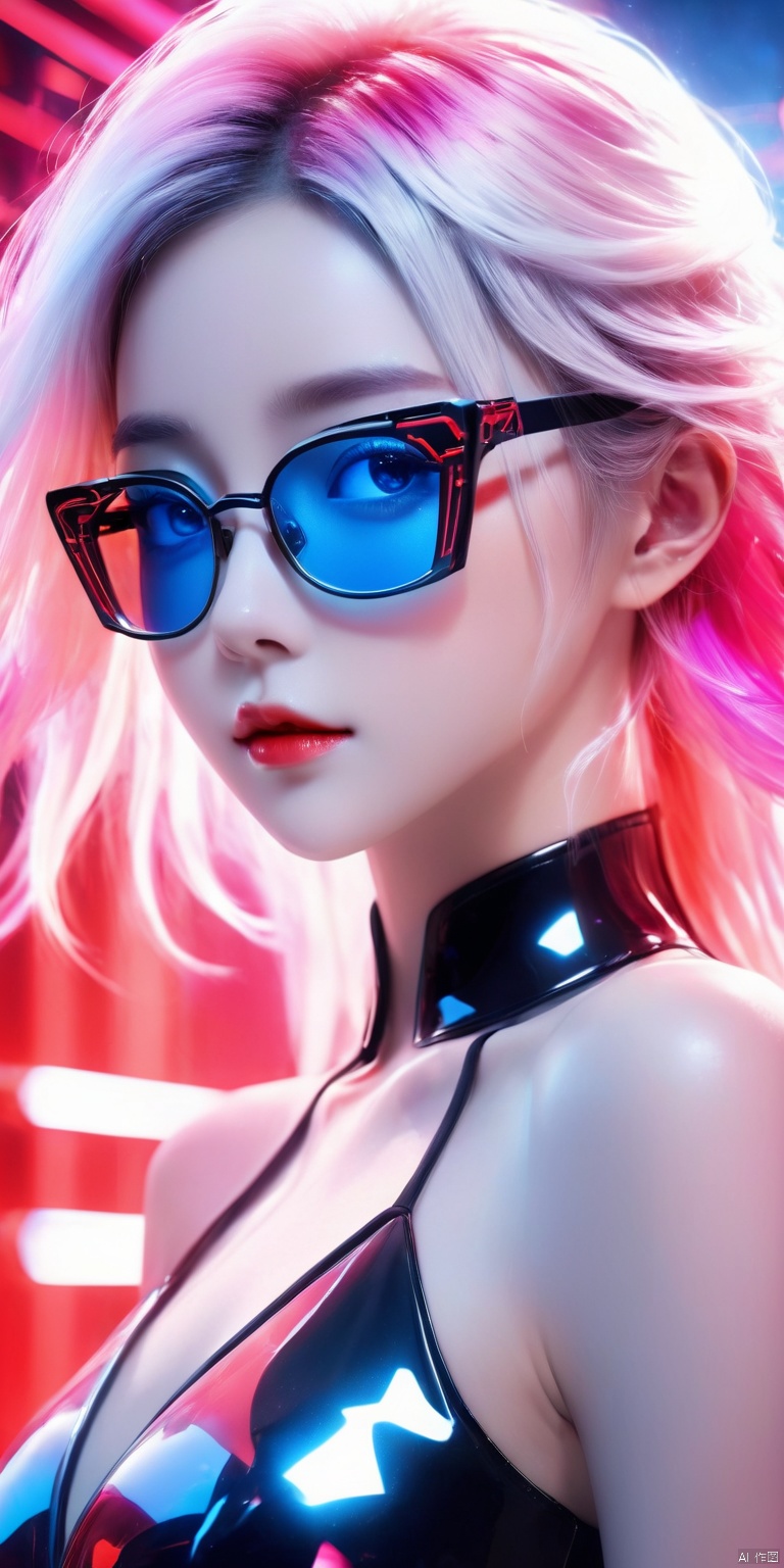  Dimensional Armory,wearing black and red, Anime girl in bare-shoulder dress,with long white hair,wearing black glasses frame,glowing pink special effects,gradient blue and pink Lights,light blue background,rich details,Expose the mechanical mask of the eyes,ultra high resolution,32K UHD,best quality,masterpiece,