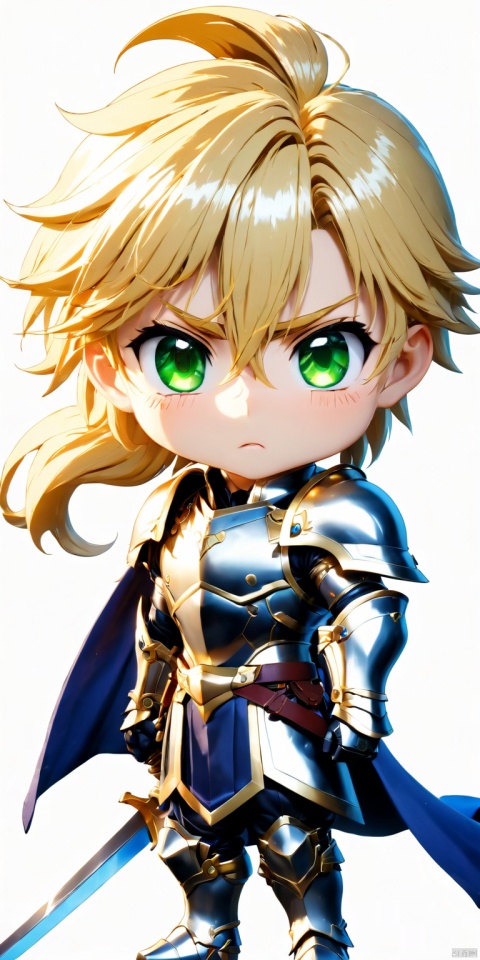  ((HRD, HUD, 8K)),((masterpiece, best quality)), highly detailed, chibi, big eyes,big head,
Handmade, 1boy, weapon, solo, blonde hair, armor, male focus, sword, green eyes, chibi, long hair, artoria pendragon (fate), ponytail, gauntlets, open mouth, faux figurine, 
simple background, white background,