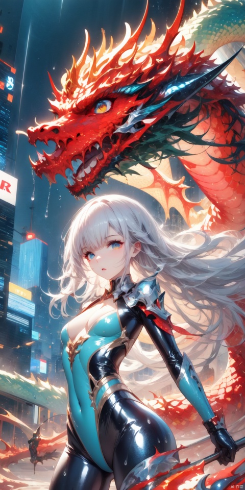  {{master piece}},best quality,illustration,1girl,beatiful detailed eyes,beatiful detailed cyberpunk city,flat_chest,beatiful detailed hair,wavy hair,beatiful detailed steet,mecha clothes,robot girl,cool movement,sliver bodysuit,{filigree},dargon wings,colorful background,a dragon  stands behind the girl,rainy days,{lightning effect},beatiful detailed sliver dragon arnour,（cold face）