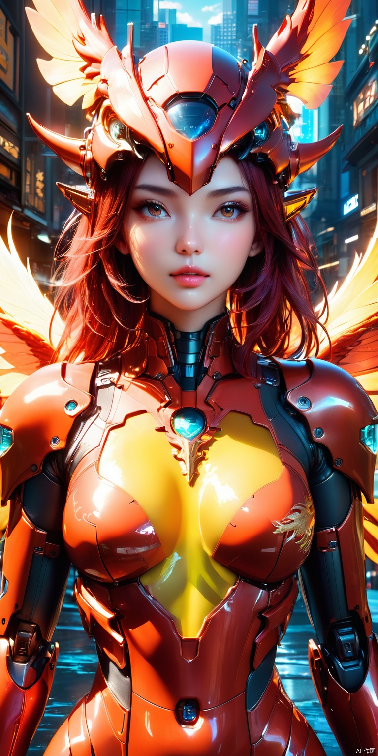  HD, CG, extreme details, fairy style, fisheye lens, exquisite facial features, clear pupils, moist lips, ((4k,masterpiece,best quality)), professional camera, 8k photos, wallpaper,(Charming Beauty's Face, Mechanical Body), Cyberpunk Mech, (Phoenix Helmet), (Glass Sealed Mask), Oriental Beauty, Starry Sky Background, Detail Sculpture, Master, Full body Mech Reflective, Octane Rendering, Metallic Gloss, Fire Red Mech Armor, (Dragon Embroidered Cloak), Fluorescent Liquid Flow, Metal Transparent Infusion Tube, (Masterpiece), Illustrations, Best Quality, Very Detailed CG, 8k Wallpaper, Extremely exquisite and beautiful, game cg (full body photo), streamlined figure, slender thighs, cyber shin armor, surreal realism, (realistic style), solo, ultra details, (telephoto lens), (ultra fine details), (CG rendering), xihua