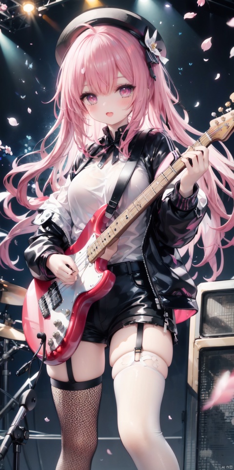  1girl, bangs, bass_guitar, belt, black_hair, black_jacket, black_shorts, blurry, blurry_background, breasts, cherry_blossoms, concert, confetti, electric_guitar, fishnet_legwear, fishnets, garter_straps, guitar, hat, holding, holding_instrument, instrument, jacket, long_hair, microphone, microphone_stand, multicolored_hair, music, open_clothes, open_jacket, open_mouth, petals, playing_instrument, plectrum, red_hair, blue_hair,pink_hairshirt, shorts, smile, solo, spotlight,stage,streaked_hair,thighhighs