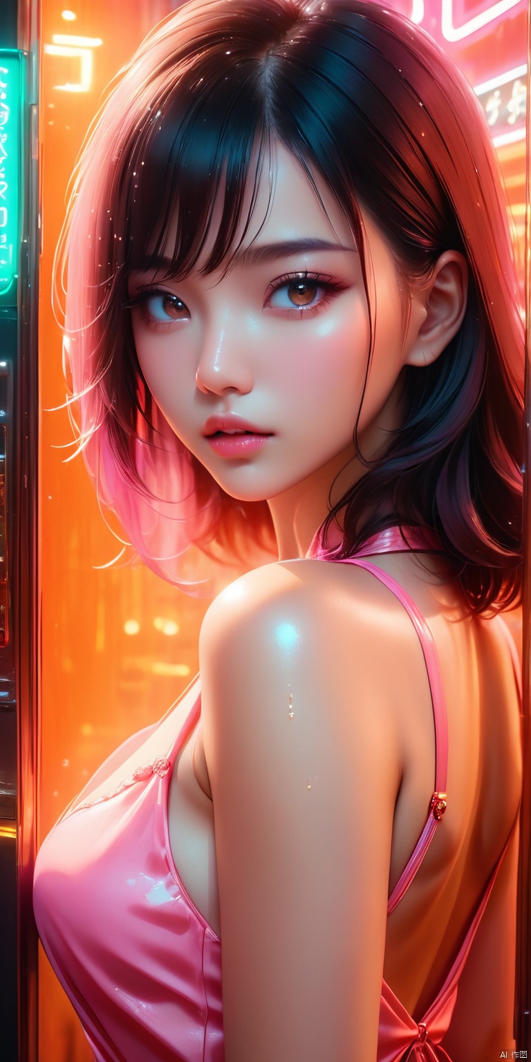  HD, CG, extreme details, fairy style, fisheye lens, exquisite facial features, clear pupils, moist lips, ((4k,masterpiece,best quality)), professional camera, 8k photos, wallpaper,HK film style, close-up shot back view of an attractive woman wearing pink dress standing in front of a neon sign, neon orange lighting, in the style of Wong Kar Wai film, award-winning picture, highly detailed, ultra-high resolutions, 32K UHD, best quality, masterpiece, xihua