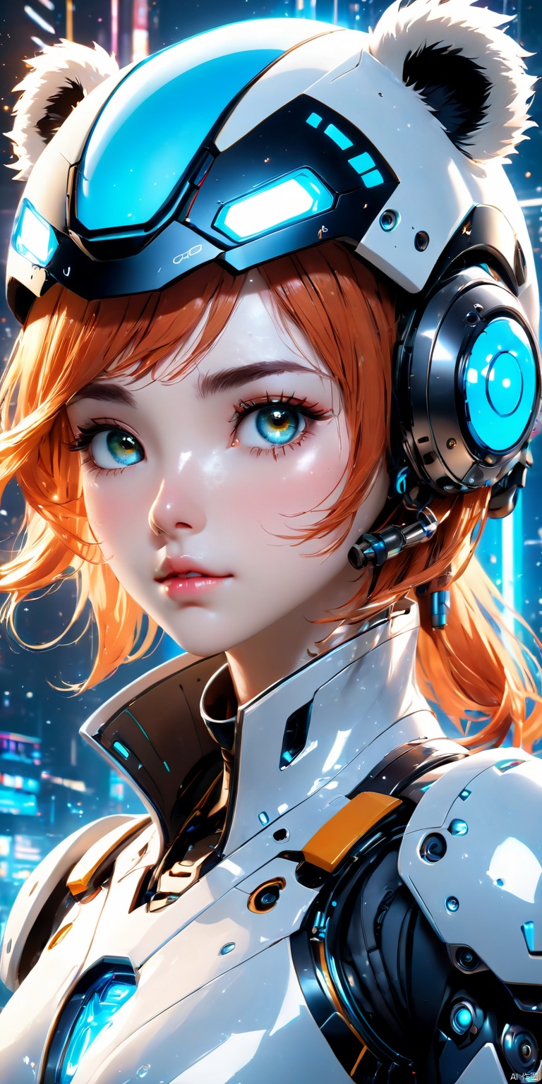 (((Cute girl's face, mechanical body))), cyberpunk mecha, (panda helmet), bright eyes, space background, detailed characterization, master level, mecha reflection, advanced rendering, sharp, The mecha is integrated with the body, clear bones, blood flow, exquisite facial features, colorful transparent infusion hose, ((Masterpiece)), illustration, best quality, very detailed CG unified 8k wallpaper, a very delicate and beautiful, game_cg, ((upper body)), cinematic lighting, hyper-realistic, (realistic style), solo, ultra-detailed, (telephoto lens)