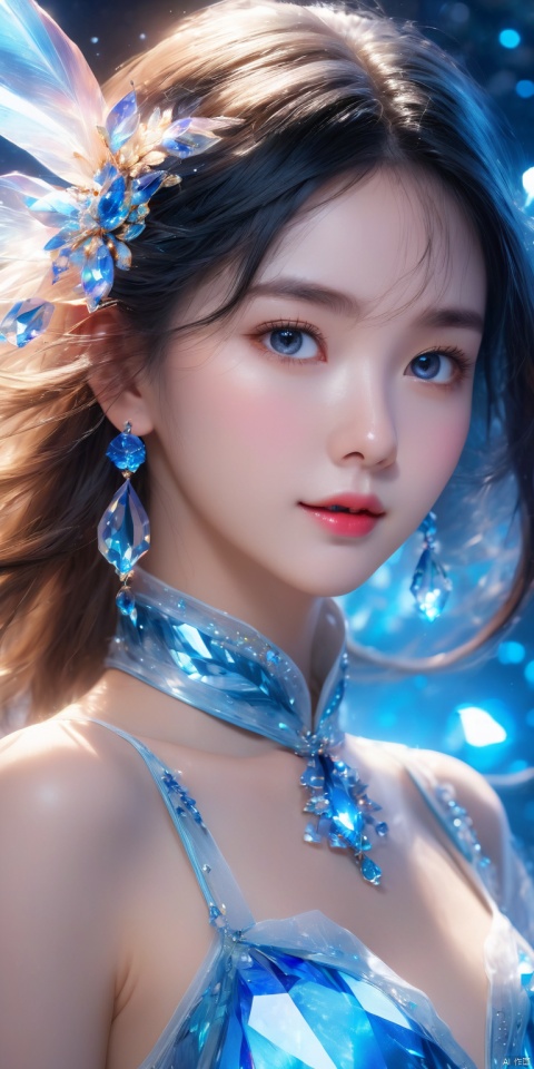  masterpiece, best quality, ultra-detailed, (1girl:1.3),clear pupils,detailed facial drawing, (Good structure),cowboy_shot, DSLR Quality,Depth of field ,looking_at_viewer,Dynamic pose, , kind smile,
1 girl,(blue light effect),hair ornament,jewelry,looking at viewer, (\meng ze\), wangyushan, dofas,(ultra-detailed crystallization),transparent crystals, qingyi, limuwan, Super detailed details, HD, 32k, best quality, 8k,super clean, xihua