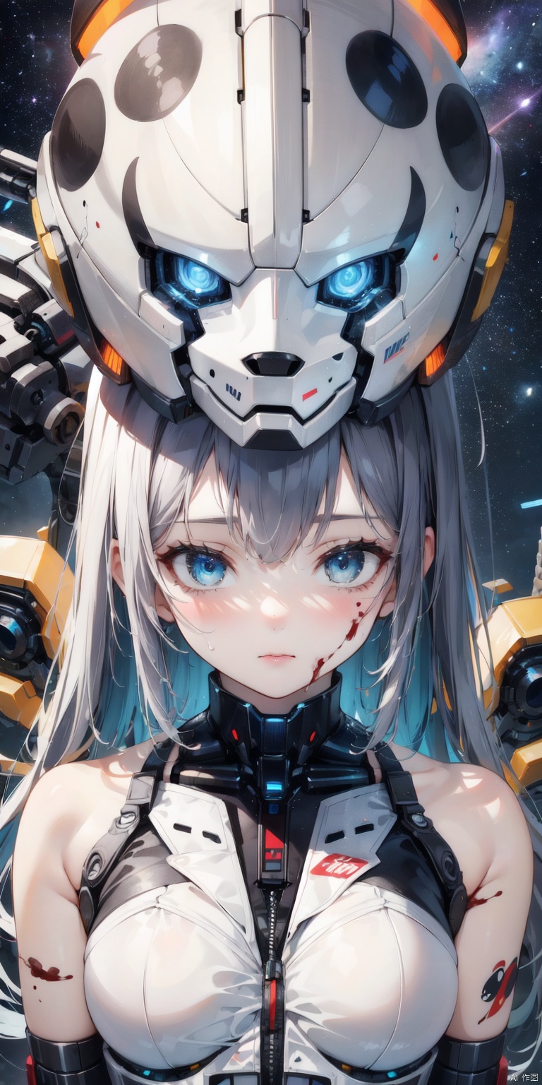 (((Cute girl's face, mechanical body))), cyberpunk mecha, (panda helmet), bright eyes, space background, detailed characterization, master level, mecha reflection, advanced rendering, sharp, The mecha is integrated with the body, clear bones, blood flow, exquisite facial features, colorful transparent infusion hose, ((Masterpiece)), illustration, best quality, very detailed CG unified 8k wallpaper, a very delicate and beautiful, game_cg, ((upper body)), cinematic lighting, hyper-realistic, (realistic style), solo, ultra-detailed, (telephoto lens)