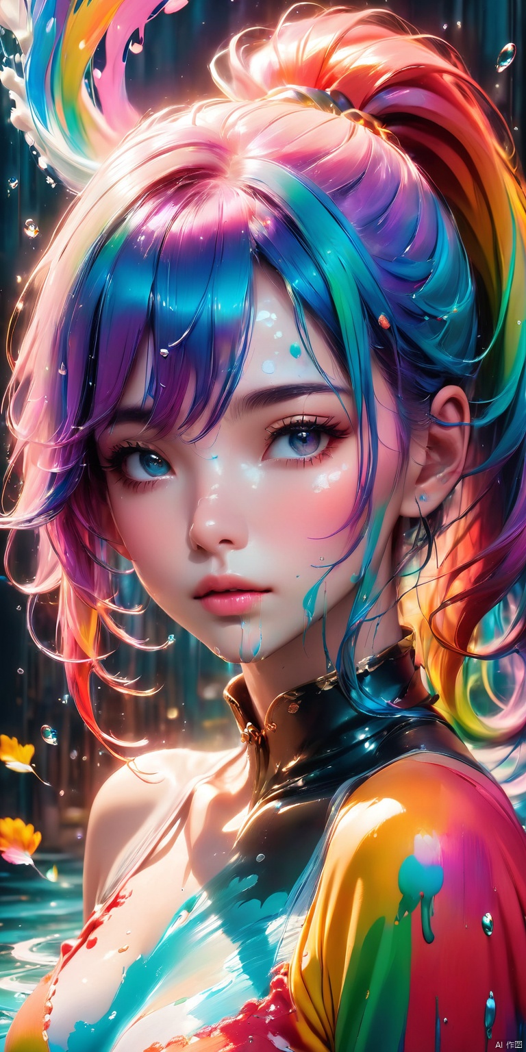  HD, CG, extreme details, fairy style, fisheye lens, exquisite facial features, clear pupils, moist lips, ((4k,masterpiece,best quality)), professional camera, 8k photos, wallpaper,Pink Fashion T-shirt:1.9),(Colorful hair: 1.8), (all the colours of the rainbow: 1.8),(((((vertical painting:1.6))), (painting:1.6),front, comics, illustrations, paintings, large eyes, crystal clear eyes,( rainbow color gradient high ponytail:1.7), exquisite makeup, closed mouth,(Small Fresh: 1.5),(Wipe Chest: 1.6) ,long eyelashes, white off shoulder T-shirt, White Shoulder Shirt,looking at the audience, large watery eyes, (rainbow colored hair:1.6), color splash, (solo:1.8), color splash, color explosion, thick paint style, messy lines, ((shining)),(colorful), (colorful), (colorful), colorful, Thick Paint Style, (Splash) (Color Splash), Vertical Painting, Upper Body, Paint Splash, Acrylic Pigment, Gradient, Paint, Highest Image Quality, Highest Quality, Masterpiece, Solo, Depth of Field, Face Paint, colorful clothes, (Elegant: 1.2), gorgeous,long hair, wind, (Elegant: 1.3), (Petals: 1.4),(((masterpiece))),(((best quality))),((ultra-detailed)),(illustration),(dynamic angle),((floating)),(paint),((disheveled hair)),(solo),(1girl) , (((detailed anima face))),((beautiful detailed face)),collar,bare shoulders,white hair, ((colorful hair)),((streaked hair)),beautiful detailed eyes,(Gradient color eyes),(((colorful eyes))),(((colorful background))),(((high saturation))),(((surrounded by colorful splashes))),, xihua