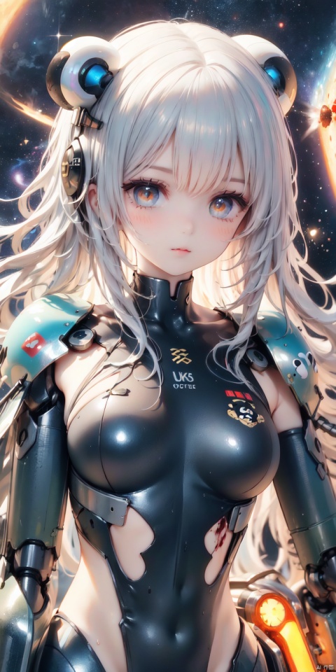 (((Cute girl's face, mechanical body))), cyberpunk mecha, (panda helmet), bright eyes, space background, detailed characterization, master level, mecha reflection, advanced rendering, sharp, The mecha is integrated with the body, clear bones, blood flow, exquisite facial features, colorful transparent infusion hose, ((Masterpiece)), illustration, best quality, very detailed CG unified 8k wallpaper, a very delicate and beautiful, game_cg, ((upper body)), cinematic lighting, hyper-realistic, (realistic style), solo, ultra-detailed, (telephoto lens)