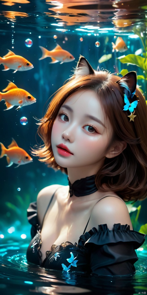  HD, CG, extreme details, fairy style, fisheye lens, exquisite facial features, clear pupils, moist lips, ((4k,masterpiece,best quality)), professional camera, 8k photos, wallpaper Masterpiece, best quality, extremely fine CG unified 8k wallpaper, very fine, texture, fine details, extremely fine and beautiful, delicate and beautiful face, best shadow, official art, correct body proportions, Ultra High Definition Picture, master composition)), (bust:1.2), (best hands details:1.4), (good hands:0.5), 1girl, animal ears, cat ears, solo, pantyhose, closed eyes, underwater, card, fish, bow, long hair, frilled leotard, gloves, air bubble, long sleeves, cat girl, bubble, black pantyhose, leotard, breasts, black gloves, parted lips, frills, black leotard, cat tail, submerged, two-tone gloves, animal ear fluff, small breasts, playing card, cowboy shot, star symbol, hands up,lnt, def clothe, 
, ((super detailed details)), ultra- high resolution, 8k, fisheye lens, beautiful, xihua