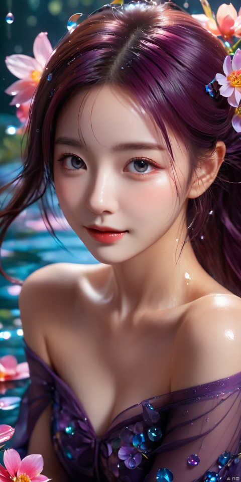  HD, CG, extreme details, fairy style, fisheye lens, exquisite facial features, clear pupils, moist lips, ((4k,masterpiece,best quality)), professional camera, 8k photos, wallpaper Masterpiece, best quality, extremely fine CG unified 8k wallpaper, very fine, texture, fine details, extremely fine and beautiful, delicate and beautiful face, best shadow, official art, correct body proportions, Ultra High Definition Picture, master composition)), (bust:1.2), (best hands details:1.4), absurdres,1girl,beautiful detailed girl,fine and beautiful detailed skin,purple hair,twintails,purple eyes,diamond-shaped pupils,hair ornament,cone hair bun,long hair,double bun,bangs,bow,hair flower,hair bow,hair ribbon,microskirt,perky breasts,collarbone,high heels,pantyhose,extremely detailed beautiful background,CG,8K wallpaper,girl middle of flower,pure sky,clear sky,outside,(absurdly long hair:1.1),clear boundaries of the cloth,fantastic scenery,(ground of flowers:1.1),(thousand of flowers:1.1),(colorful flowers:1.1),(flowers around her:1.1),(various flowers:1.1),(bare shoulders),Movie Poster,smile,;d,fang,cleavage,water drop,see-through, wet and messy, ray tracing,reflectionlight, ((super detailed details)), ultra- high resolution, 8k, fisheye lens, beautiful, xihua