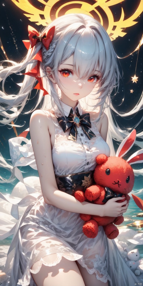  masterpiece,best quality,high quality,(colorful),[Artist onineko],[Artist chen bin],[Artist agwing86],Artist rurudo, 1girl, halo, twintails, stuffed toy, solo, stuffed animal, long hair, looking at viewer, stuffed rabbit, sleeveless, bare shoulders, red eyes, bow, hair bow, page number, braid, dress, holding, black bow, frills, closed mouth, simple background, holding stuffed toy, white hair, grey hair, bandages, bowtie, black skirt, ribbon, sleeveless dress, white shirt, black background, shirt, hair between eyes, bare arms