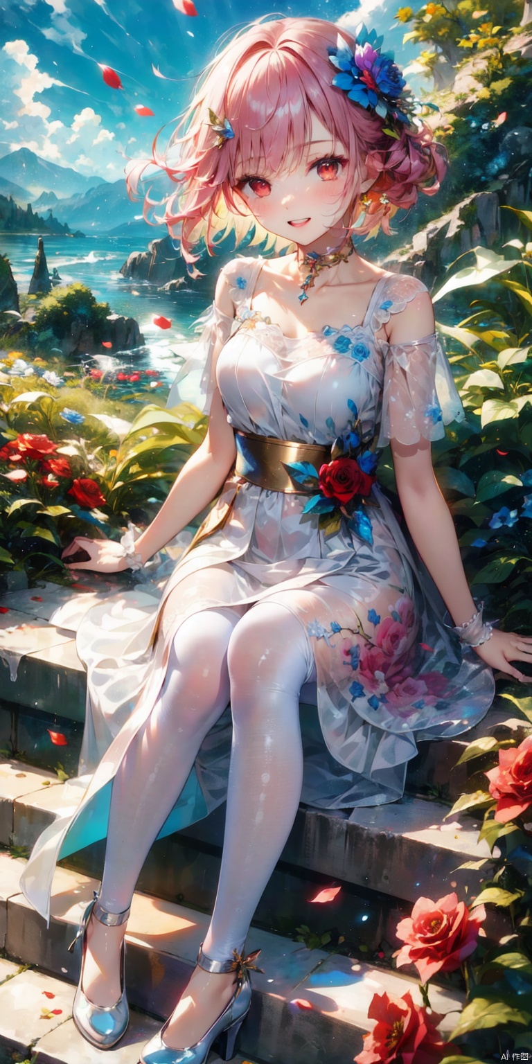  Ultra-clear, ultra-detailed, ((detailed depiction)), ultimate picture quality, CG,8k Wallpaper,(((masterpiece))), (((best quality))), ((ultra-detailed)), 1girl,:d,aqua rose,blue flower,blue rose,blue sky,bob cut,bow,choker,colored inner hair,diagonal bangs,dress,dress flower,falling petals,flower,flower bush,flower choker,footwear bow,grey hair,grin,hair flower,hair ornament,inverted bob,looking at viewer,mary janes,mountainous horizon,multicolored hair,open mouth,pantyhose,petals,pink flower,pink rose,red eyes,red hair,rose,see-through,see-through sleeves,shoes,short hair,short sleeves,single wrist cuff,sitting,sitting on stairs,sky,smile,solo,stairs,streaked hair,white bow,white choker,white dress,white footwear,white pantyhose,white wrist cuffs,wrist cuffs, flowers