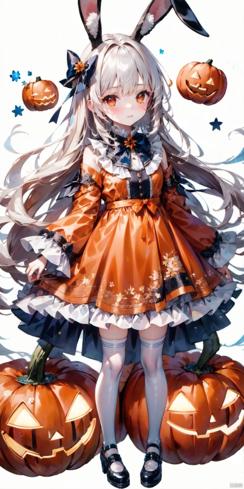  1girl,orange_bow,orange_dress,long_hair,solo,very_long_hair,halloween,orange_ribbon,animal_ears,bow,dress,orange_footwear,red_eyes,rabbit_ears,long_sleeves,full_body,shoes,white_legwear,jack-o'-lantern,white_background,looking_at_viewer,hair_bow,standing,brown_footwear,closed_mouth,