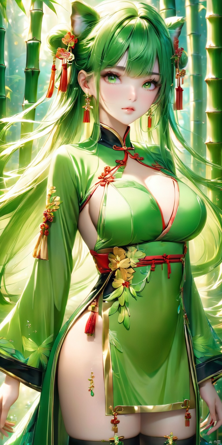  HD, CG, extreme details, fairy style, exquisite facial features, clear pupils,professional camera, 8k photos, wallpaper, 1girl, solo, long hair, breasts, looking at viewer, bangs, large breasts, hair ornament, thighhighs, long sleeves, dress, jewelry, very long hair, closed mouth, green eyes, standing, earrings, green hair, black thighhighs, chinese clothes, tassel, green dress, gold trim, bamboo, green theme, 8k, xihua