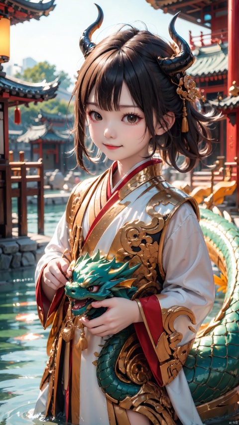  solo, smile, black hair, 1boy, brown eyes, male focus, outdoors, water, blurry, watermark, child, dragon, male child, east asian architecture, eastern dragon