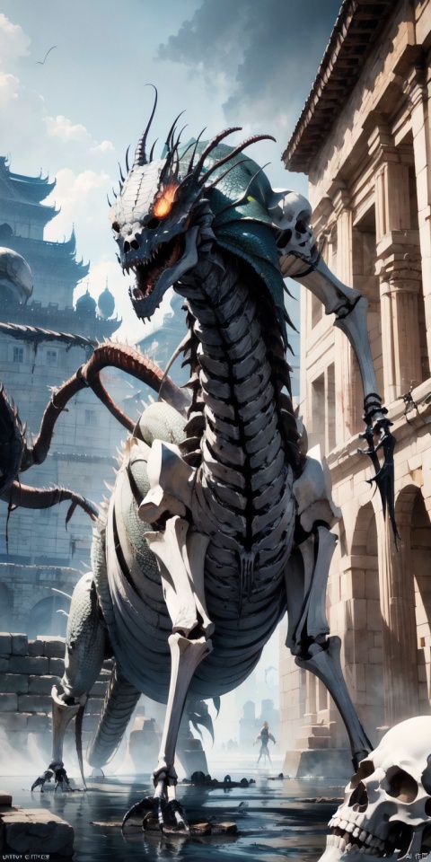 ((1 huge long and slim dragon is made of bone and skull))beautiful and detailed beautiful and detailed dragon&apos;s head,beautiful and detailed loong_tail,full_loong,coherent loong, (Bloodborne:1.3)((white skeleton)),(( skeleton monster)),(giant spiders:1.3),6 bone leg,monster is broken bone,bone monster no human,Thorn crown, mask,A huge mask, hyper detailed,backlighting,sand, water,black background,(((dust clodust))),(best quality),(masterpiece),extremely beautiful, (best illustration),melting,abstract,splash,original,master composition,atmospheric 8k ultra detailed,beautiful details, fine details, extreme details,, (best quality),(masterpiece),extremely beautiful,master composition,atmospheric 8k ultra detailed,beautiful details, fine details, extreme details,(extremely detailed CG unity 8k wallpaper),amazing fine details and brush strokes, smooth, hd semirealistic anime cg concept art digital painting,cg painting,(photorealistic:0.4),(realistic:0.4),(((Ancient palace background)))
