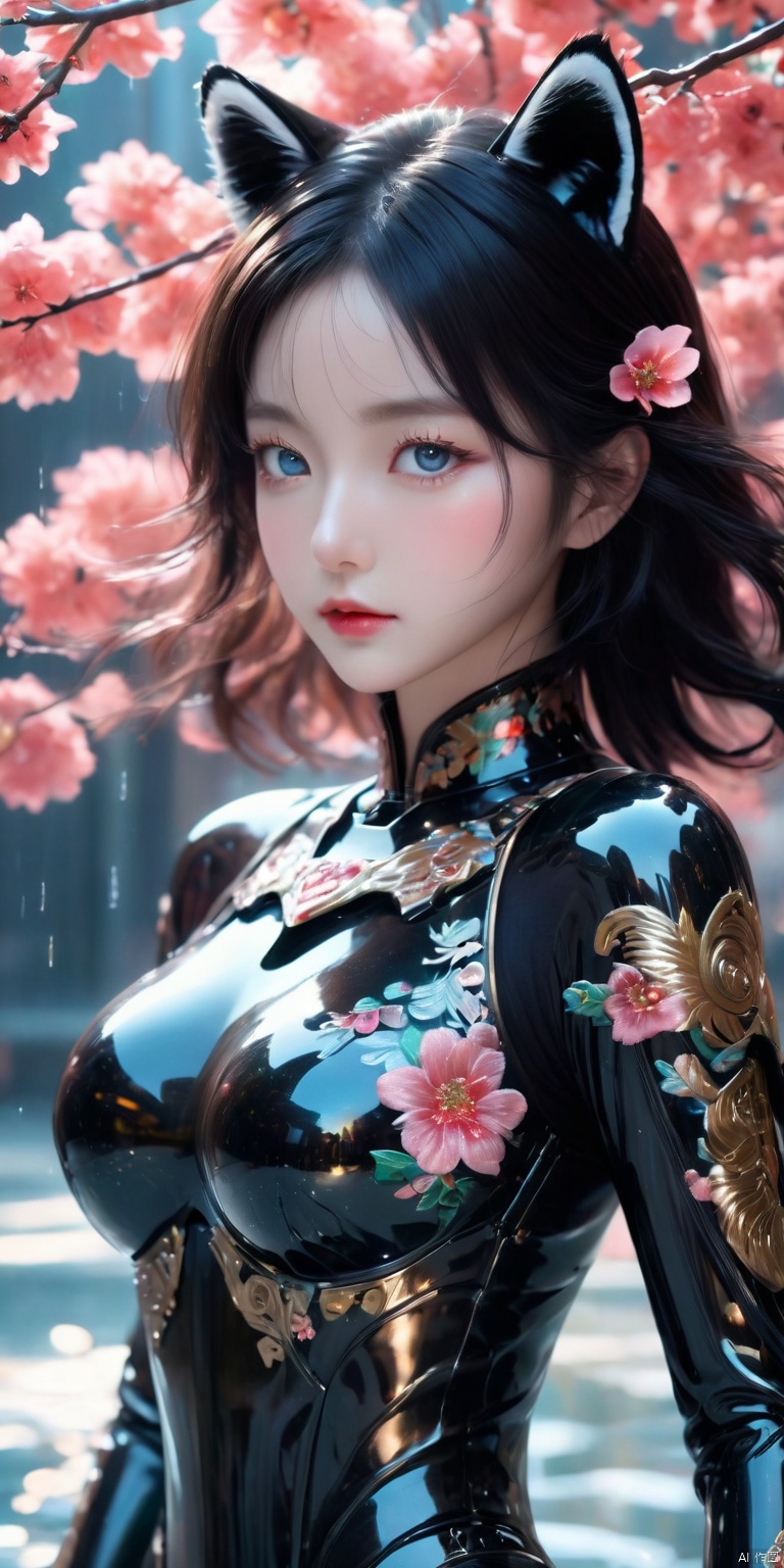  Color difference, soft light, (masterpiece), (best quality), (detail), (masterpiece), (high resolution), (perfect face), glowing eyes, ((Flower city)), (street), daytime, natural light, rain, reflection, blue eyes, Rococo, perspective, city street, ((1 girl)), blush, delicate facial portrayal, solo, 1 girl, 1/3 suit, cute, ultra high resolution, woman, (black clothes ), (collar), (Bright skin :1), (Bright skin :1.1), (Delicate beautiful eyes :1.2)8K resolution, best picture quality (masterpiece), best quality, beautiful woman, youthful and beautiful beauty, (bishoujo), (masterpiece, best quality, official art, extremely detailed CG8k wallpaper), game_CG, exquisite and beautiful masterpiece, details, 3D rendering, 3A masterpiece, thick paint, highest quality, black armored and sassy female general , long black hair, fluffy black tiger ears, exquisite and beautiful big eyes, misty pupils, ((glossy light-colored lips)), (detailed facial features), ((elegant embroidered tiger cloak)) , ((luminous black tiger pattern armor)), (black tiger pattern greaves), good figure, ((black tiger tail behind)), (((mecha female general))), mechanical high heels, mechanical outerwear Skeleton armor, black painted body, black eyes, neck protectors, tactical leg knee pads, ((single exoskeleton armor)), mechanical headgear, black mechanical clothes, chest mechanical armor, 8K resolution, best image quality (Masterpiece), Best Quality, (Octane Rendering), (Masterpiece, Best Quality, Official Art, Extremely Detailed CG8k Wallpapers)