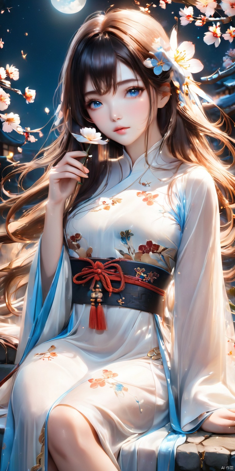 HD, CG, extreme details, fairy style, exquisite facial features,(super clear pupils), 8k, wallpaper, 1girl, solo, long hair, looking at viewer, blue eyes, brown hair, black hair, long sleeves, dress, holding, sitting, closed mouth, flower, wide sleeves, white dress, lips, night, chinese clothes, moon, cherry blossoms, full moon, stairs, branch, holding flower, 8k, xihua