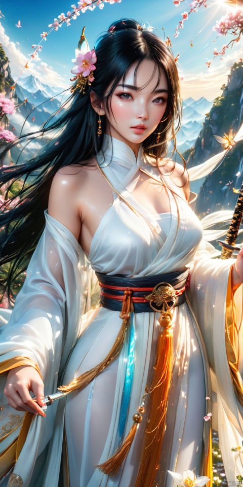 HD, CG, extreme details, fairy style, an oriental beauty, exquisite facial features, clear pupils, moist lips, long black hair, white silk Hanfu, streamers, standing on a flying sword, emitting sword energy, flowers everywhere on the mountains, super detailed Details, ultra-high resolution, 8k, fisheye lens, beautiful