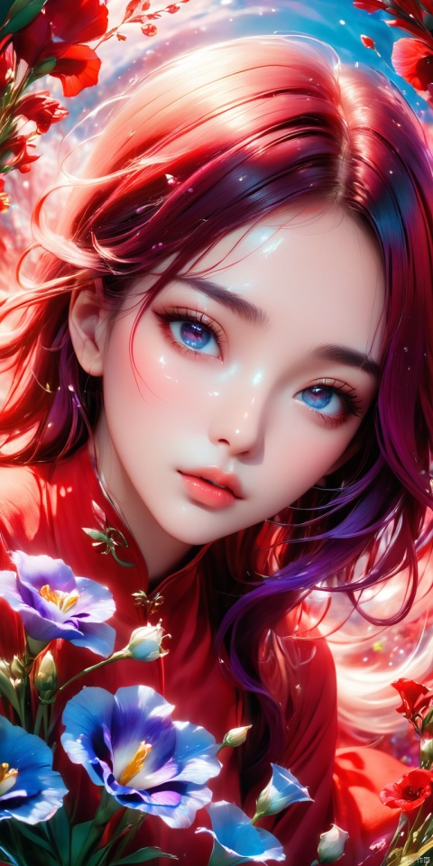  HD, CG, extreme details, fairy style, fisheye lens, exquisite facial features, clear pupils, moist lips, ((4k,masterpiece,best quality)), professional camera, 8k photos, wallpaper Masterpiece, best quality, extremely fine CG unified 8k wallpaper, very fine, texture, fine details, extremely fine and beautiful, delicate and beautiful face,  1girl, long hair, flower, Lisianthus, in the style of red and light azure, dreamy and romantic compositions, red, ethereal foliage, playful arrangements, fantasy, high contrast, ink strokes, explosions, over exposure, purple and red tone impression, abstract, whole body capture, ((super detailed details)), ultra- high resolution, 8k, fisheye lens, beautiful, xihua