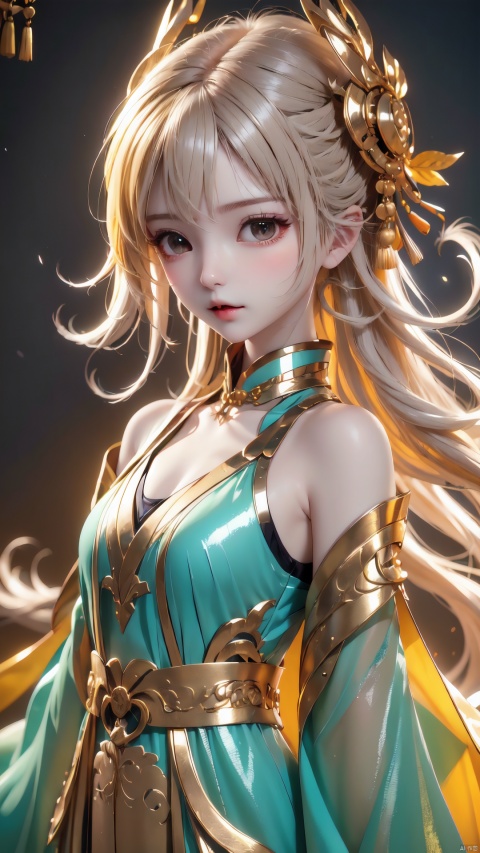  (masterpiece, high quality, highres,Highest picture quality), (Master's work),yellow background,dynamic Angle,Solid color background,Flat color,cute little girl,loli,solo,solo focus,detailed eyes,detailed face,shiny hair, shiny skin, shiny eyes, yellow hair,low twintails,collarbone, bare shoulders,yellow clothes, chinese clothes