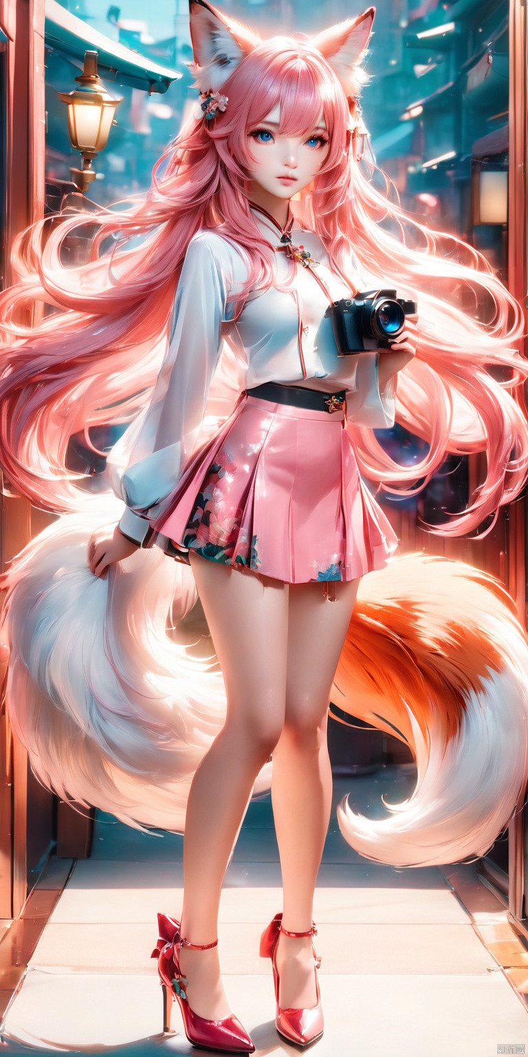  HD, CG, extreme details, exquisite facial features, clear pupils,professional camera, 8k photos, wallpaper, 1girl, solo, long hair, looking at viewer, bangs, skirt, holding, animal ears, tail, full body, pink hair, high heels, animal ear fluff, fox ears, fox tail, fox girl, 8k, xihua