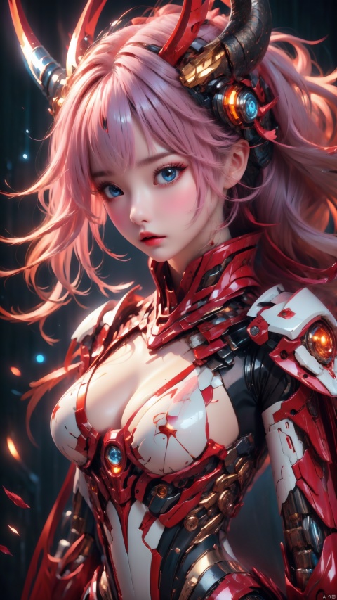1girl, solo, breasts, looking at viewer, bangs, blue eyes, medium breasts, upper body, ponytail, pink hair, parted lips, horns, lips, headgear, black background, single horn, science fiction, android, joints, mechanical arms, robot joints, mechanical parts