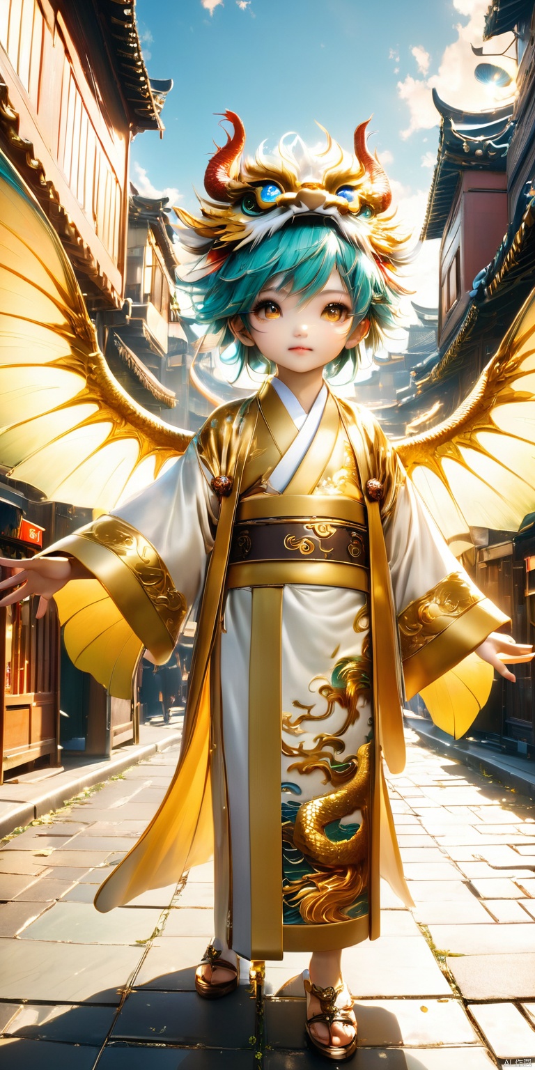  HD, CG, extreme details, fairy style, fisheye lens, exquisite facial features, clear pupils,professional camera, 8k photos, wallpaper, full body,Handsome Chinese dragon, white and gold basedancient Chinese robe, fluffy fur, cute features,A halo floating on the head,,Beautiful mechanical wings,The bustling urban background, front,cinematic lighting, ray tracing, Extreme viewing angle, fisheye lens,UHD, anatomicallycorrect,ccurate, super detail, high details, best quality, 16k, 8k, xihua