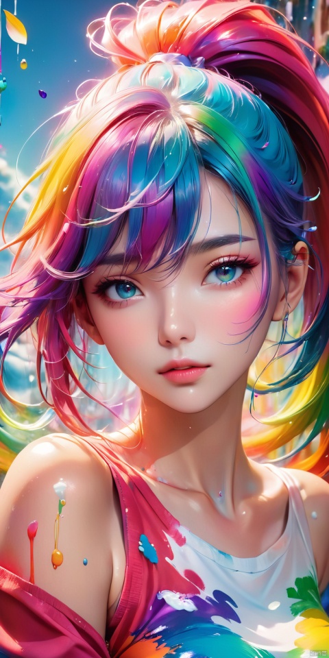  HD, CG, extreme details, fairy style, fisheye lens, exquisite facial features, clear pupils, moist lips, ((4k,masterpiece,best quality)), professional camera, 8k photos, wallpaper,Pink Fashion T-shirt:1.9),(Colorful hair: 1.8), (all the colours of the rainbow: 1.8),(((((vertical painting:1.6))), (painting:1.6),front, comics, illustrations, paintings, large eyes, crystal clear eyes,( rainbow color gradient high ponytail:1.7), exquisite makeup, closed mouth,(Small Fresh: 1.5),(Wipe Chest: 1.6) ,long eyelashes, white off shoulder T-shirt, White Shoulder Shirt,looking at the audience, large watery eyes, (rainbow colored hair:1.6), color splash, (solo:1.8), color splash, color explosion, thick paint style, messy lines, ((shining)),(colorful), (colorful), (colorful), colorful, Thick Paint Style, (Splash) (Color Splash), Vertical Painting, Upper Body, Paint Splash, Acrylic Pigment, Gradient, Paint, Highest Image Quality, Highest Quality, Masterpiece, Solo, Depth of Field, Face Paint, colorful clothes, (Elegant: 1.2), gorgeous,long hair, wind, (Elegant: 1.3), (Petals: 1.4),(((masterpiece))),(((best quality))),((ultra-detailed)),(illustration),(dynamic angle),((floating)),(paint),((disheveled hair)),(solo),(1girl) , (((detailed anima face))),((beautiful detailed face)),collar,bare shoulders,white hair, ((colorful hair)),((streaked hair)),beautiful detailed eyes,(Gradient color eyes),(((colorful eyes))),(((colorful background))),(((high saturation))),(((surrounded by colorful splashes))),, xihua
