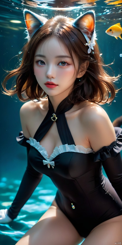  HD, CG, extreme details, fairy style, fisheye lens, exquisite facial features, clear pupils, moist lips, ((4k,masterpiece,best quality)), professional camera, 8k photos, wallpaper Masterpiece, best quality, extremely fine CG unified 8k wallpaper, very fine, texture, fine details, extremely fine and beautiful, delicate and beautiful face, best shadow, official art, correct body proportions, Ultra High Definition Picture, master composition)), (bust:1.2), (best hands details:1.4), (good hands:0.5), 1girl, animal ears, cat ears, solo, pantyhose, closed eyes, underwater, card, fish, bow, long hair, frilled leotard, gloves, air bubble, long sleeves, cat girl, bubble, black pantyhose, leotard, breasts, black gloves, parted lips, frills, black leotard, cat tail, submerged, two-tone gloves, animal ear fluff, small breasts, playing card, cowboy shot, star symbol, hands up,lnt, def clothe, 
, ((super detailed details)), ultra- high resolution, 8k, fisheye lens, beautiful, xihua