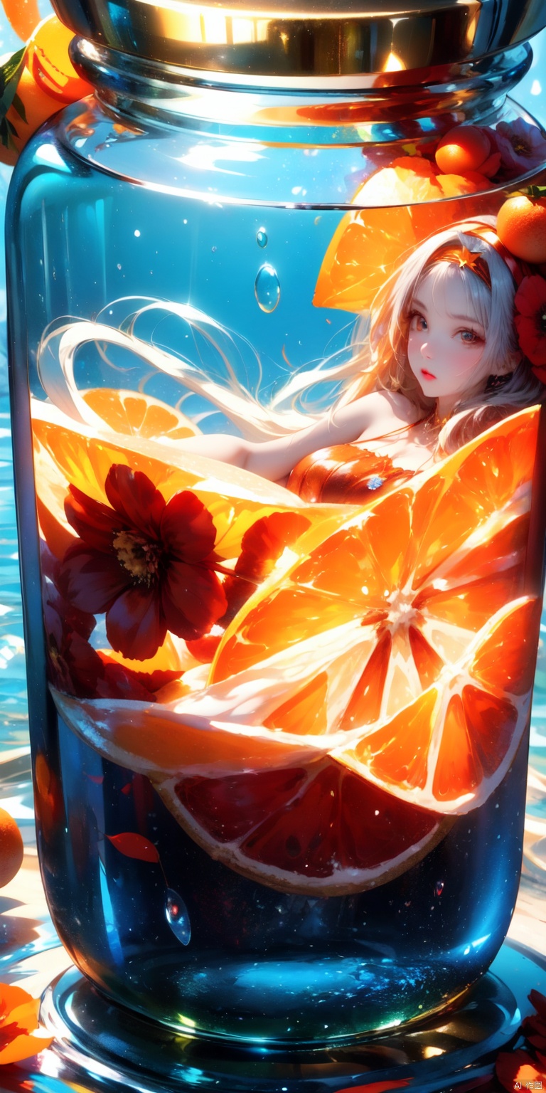  (masterpiece), (best quality), illustration, ultra detailed, hdr, Depth of field, (colorful), loli,(flowers background:1.45),(transparent background:1.3)(an extremely delicate and beautiful girl inside of glass jar:1.2), (glass jar:1.35),(solo:1.2), (full body), (beautiful detailed eyes, beautiful detailed face:1.3), (sitting ), (very long silky hair, float white hair:1.15), (medium_breasts, tally and skinny:1.2), (Colorful dress:1.3), (extremely detailed lace:0.3), (insanely detailed frills:0.3),(hairband , orange hair_ornament:1.25),orange cans,water surface,full body,(bottle filled with orange water,bottle filled with Fanta:1.25), (many fruits in jar, many Sliced_fruits in jar:1.25), (many bubbles:1.25), Colorful Girl