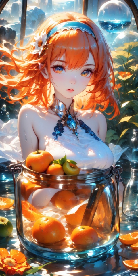  (masterpiece), (best quality), illustration, ultra detailed, hdr, Depth of field, (colorful), loli,(flowers background:1.45),(transparent background:1.3)(an extremely delicate and beautiful girl inside of glass jar:1.2), (glass jar:1.35),(solo:1.2), (full body), (beautiful detailed eyes, beautiful detailed face:1.3), (sitting ), (very long silky hair, float white hair:1.15), (medium_breasts, tally and skinny:1.2), (Colorful dress:1.3), (extremely detailed lace:0.3), (insanely detailed frills:0.3),(hairband , orange hair_ornament:1.25),orange cans,water surface,full body,(bottle filled with orange water,bottle filled with Fanta:1.25), (many fruits in jar, many Sliced_fruits in jar:1.25), (many bubbles:1.25), Colorful Girl