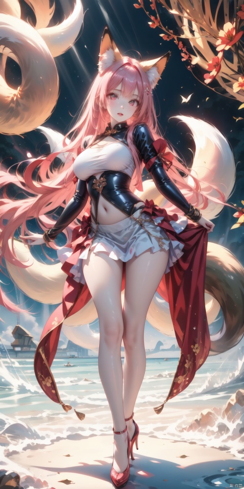  HD, CG, extreme details, exquisite facial features, clear pupils,professional camera, 8k photos, wallpaper, 1girl, solo, long hair, looking at viewer, bangs, skirt, holding, animal ears, tail, full body, pink hair, high heels, animal ear fluff, fox ears, fox tail, fox girl, 8k, xihua