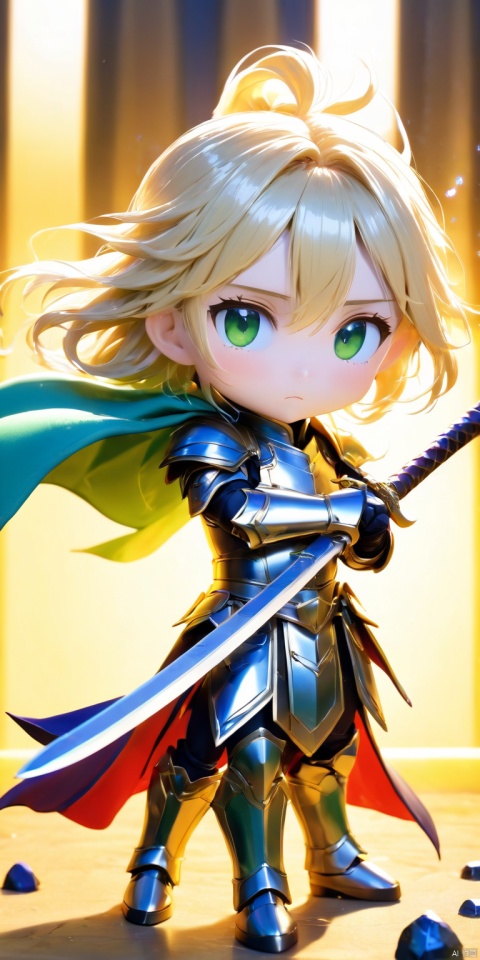  ((HRD, HUD, 8K)),((masterpiece, best quality)), highly detailed, chibi, big eyes,big head,
Handmade, 1boy, weapon, solo, blonde hair, armor, male focus, sword, green eyes, chibi, long hair, artoria pendragon (fate), ponytail, gauntlets, open mouth, faux figurine, 
simple background, white background,