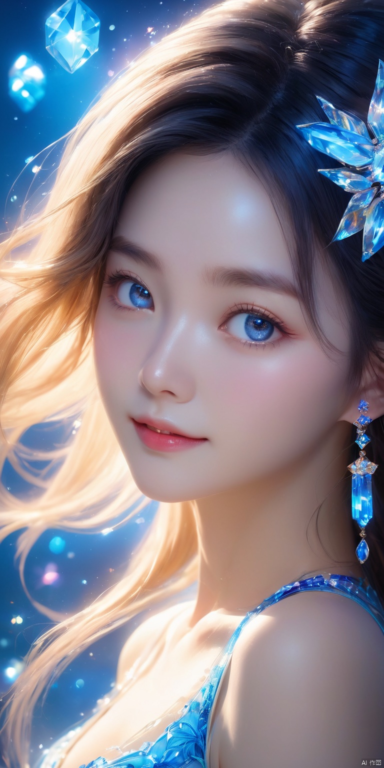  masterpiece, best quality, ultra-detailed, (1girl:1.3),clear pupils,detailed facial drawing, (Good structure),cowboy_shot, DSLR Quality,Depth of field ,looking_at_viewer,Dynamic pose, , kind smile,
1 girl,(blue light effect),hair ornament,jewelry,looking at viewer, (\meng ze\), wangyushan, dofas,(ultra-detailed crystallization),transparent crystals, qingyi, limuwan, Super detailed details, HD, 32k, best quality, 8k,super clean, xihua