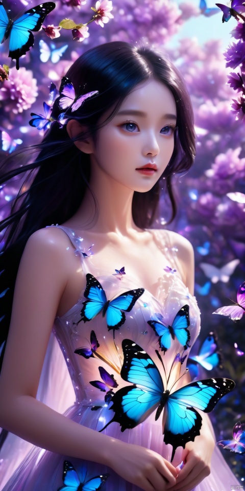  HD, CG, extreme details, fairy style, fisheye lens, exquisite facial features, clear pupils,professional camera, 8k photos, wallpaper,  high angel perspective ,glowing blue Butterflies flying around back facing long black hair little girl wearing glowing white crystalize ornate dress in flower blossom, cinematic lighting, 8k ultra realistic, purple magic aura, purple aura, foggy in rose blossom, 8k, xihua