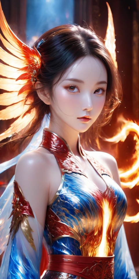masterpiece, best quality, ultra-detailed, detailed pupils, photography, pale, realistic skin texture, beautiful oriental beauty, exquisite facial features, clear pupils, charming, whole body like lotion-like flames, flame wings, excellent figure , devil figure, bulging front and back, super big breasts, flame war skirt, crimson feather armor, metal full body armor, covered with blue flames, clear flame pupils, exquisite oriental face shape, heroic appearance, fighting posture, Yoga, show your figure, flames flowing all over your body, magnificent flame wings, ultra-fine details, perfect details, ultra-high resolution